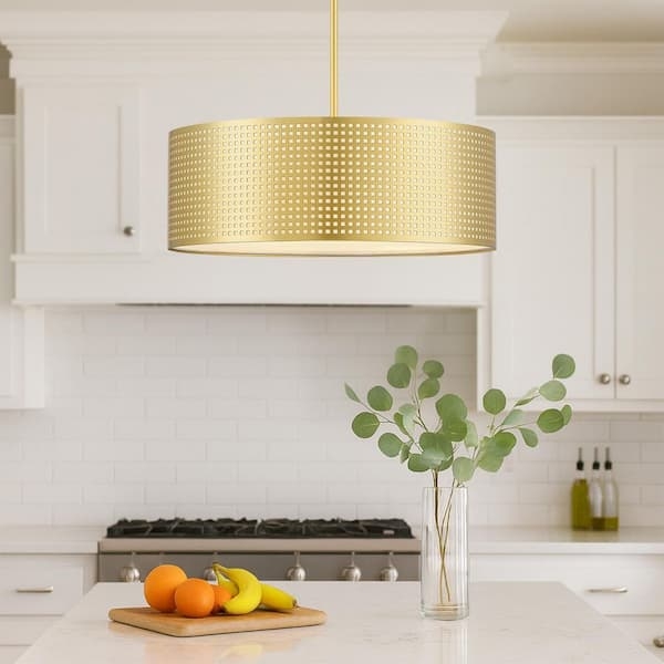 Transitional Drum Chandelier: White Fabric Shade Gold Fixture