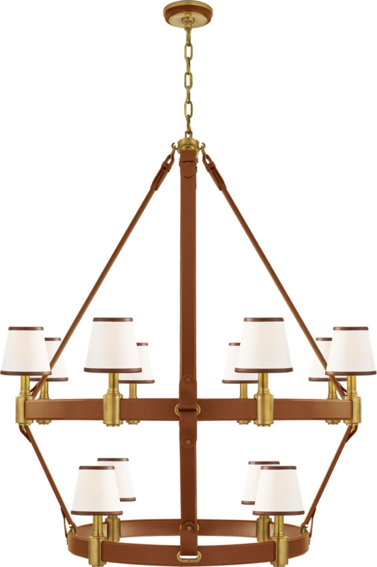 Transitional Leather Wrapped Arms Chandelier Six-Light Central Wire Cage