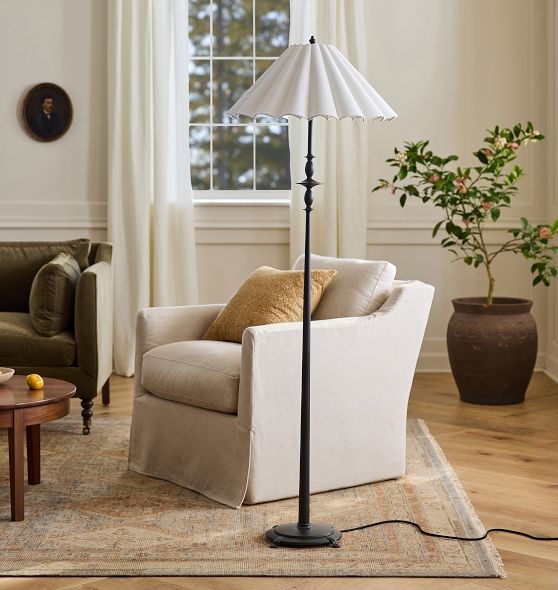 Transitional Overarching Floor Lamp with Cream Drum Shade