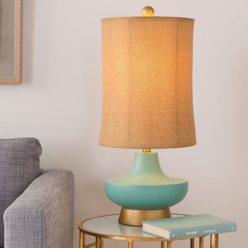 Transitional Table Lamp Turquoise Ceramic Bronze Base Natural Shade