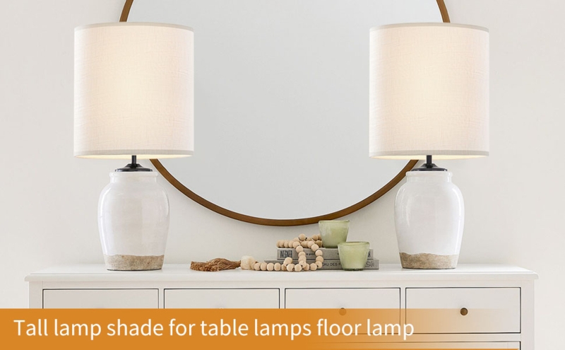 Transitional Tall Drum Lampshade, White with Visible Vertical Seam.