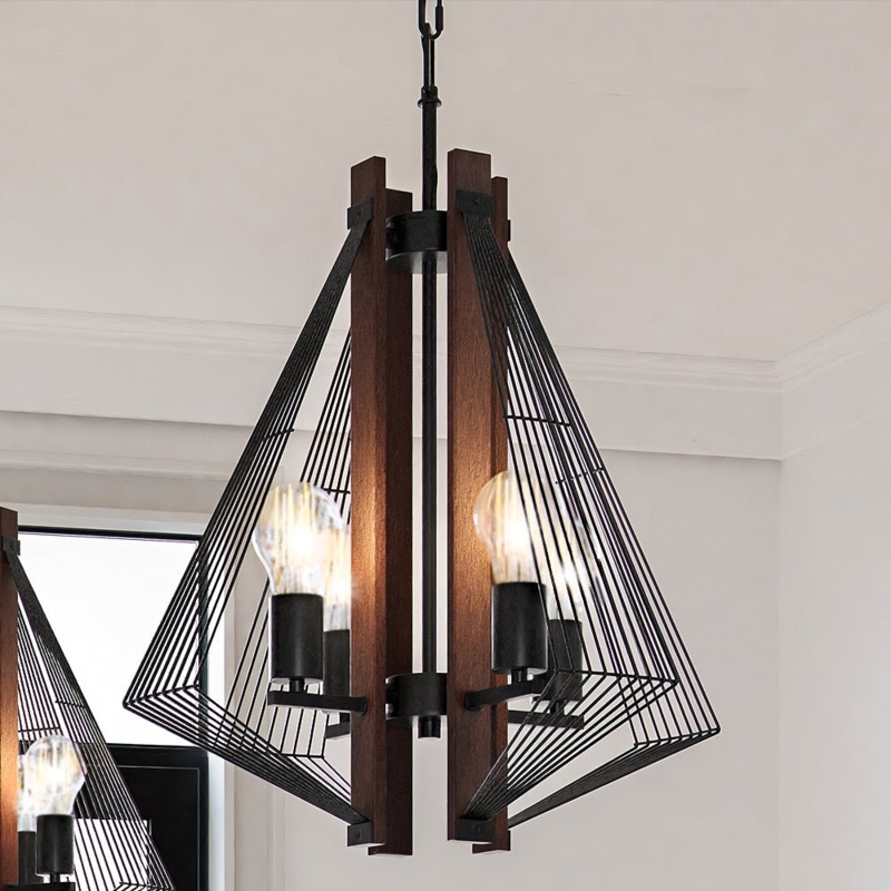 Transitional Wood and Metal Cone Pendant with Candelabra Bulbs