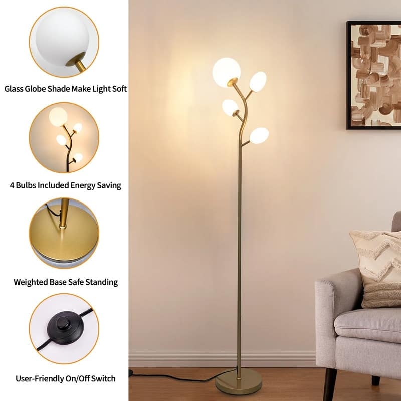Tree Floor Lamp Arched Silhouette Spherical Glass Shades Gold Finish