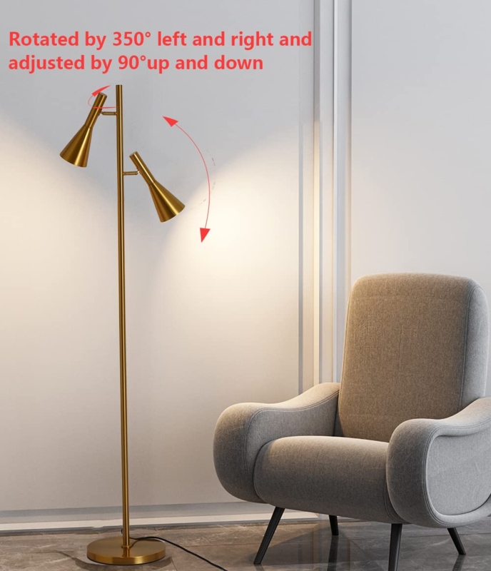 Tree Floor Lamp Brushed Gold with Dual Adjustable Heads, Mid-Century