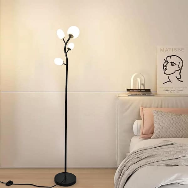 Tree Floor Lamp Frosted Globes Matte Black Frame Modern Minimalist