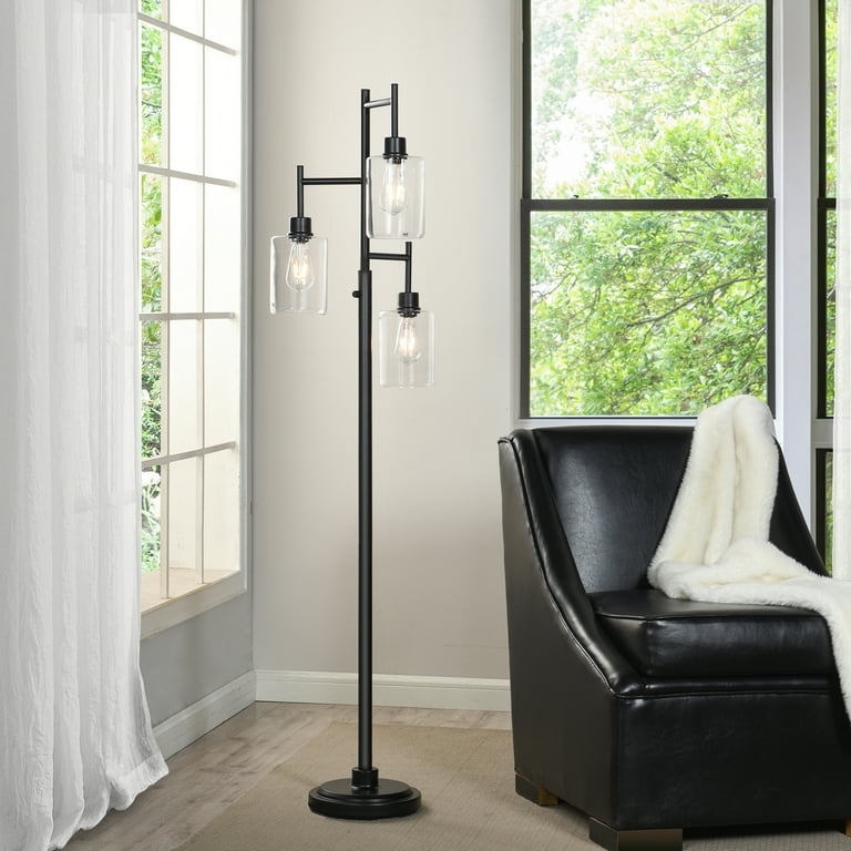 Tree Floor Lamp Matte Black Three Light Clear Glass Cylindrical Shades