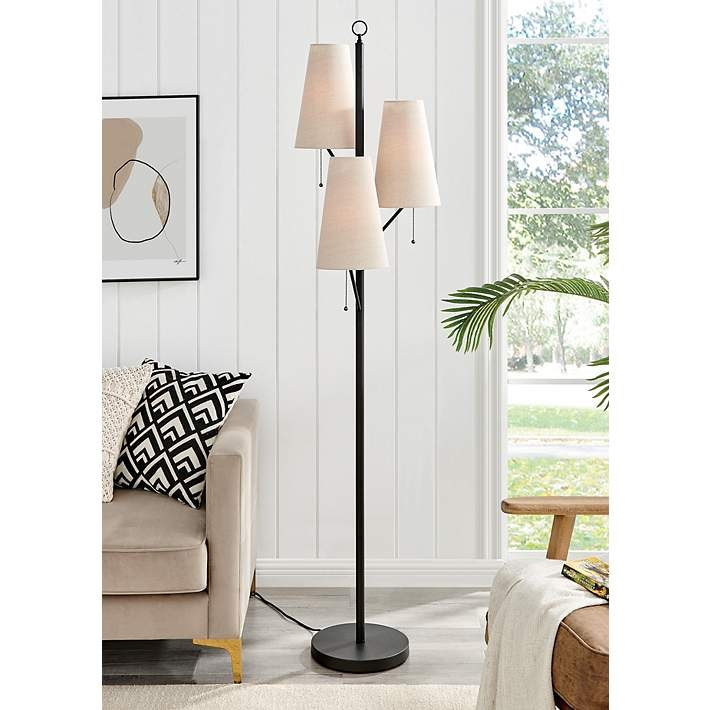 Tree Floor Lamp Soft Bronze Finish Beige Fabric Drum Shades Classic