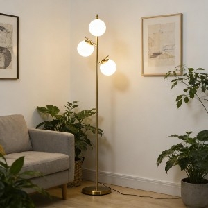 Tree Floor Lamp Three Globes Gold Finish Marble Look Base Staggered