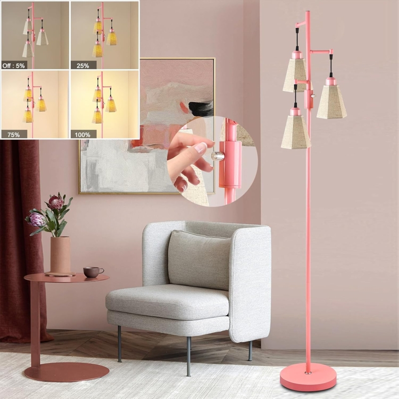 Tree Floor Lamp Three Light Adjustable Black Pole Pink Shades