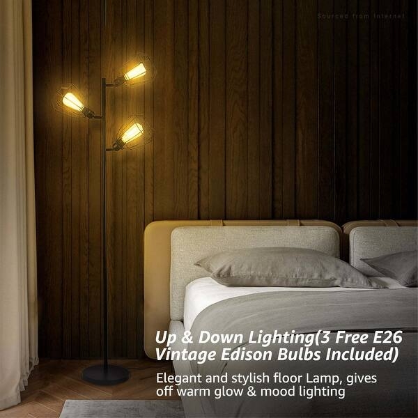 Tree Floor Lamp Three-Light Design Matte Black Drum Shades