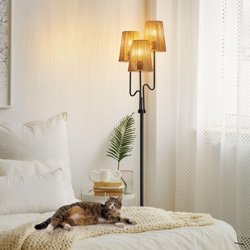 Tree Floor Lamp with Three Woven Rattan Shades for Living Room