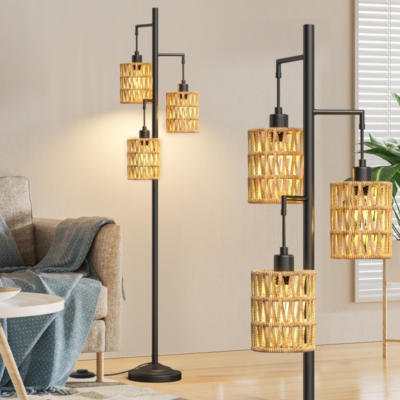 Tree Floor Lamp Woven Rattan Shades Wood Toned Arched Stems Bohemian