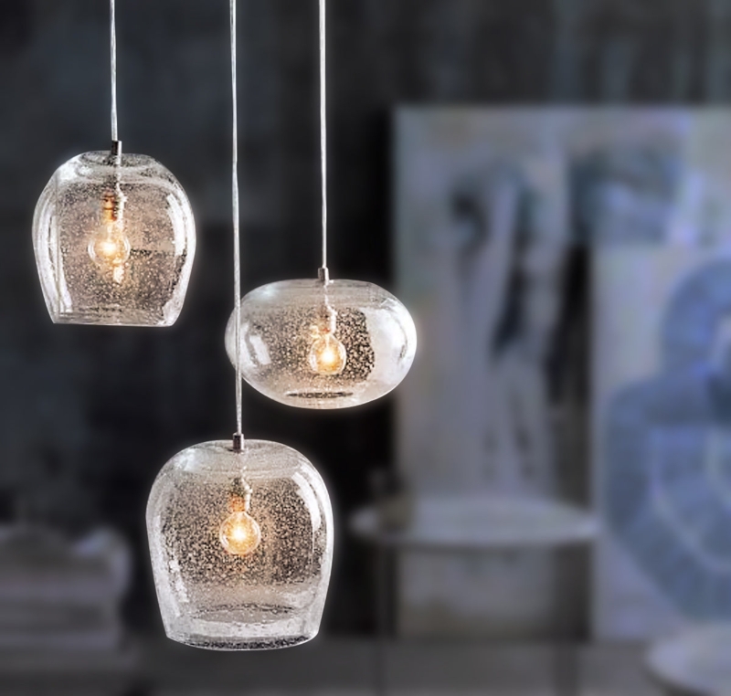 Trio of Pendant Lights: Seeded Glass Teardrop, Staggered Height