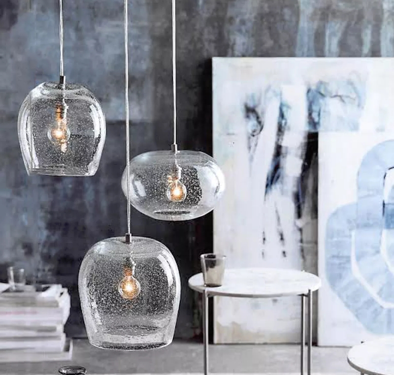 Trio of Pendant Lights: Seeded Glass, Varied Organic Silhouettes