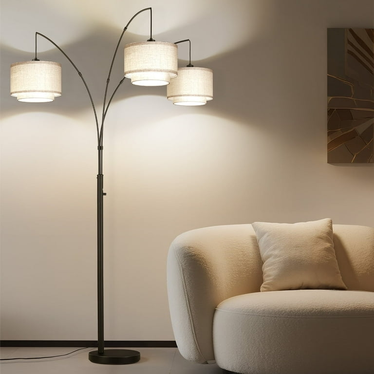 Triple-arm Floor Lamp with Arched Tree Design and Hanging Drum Shades