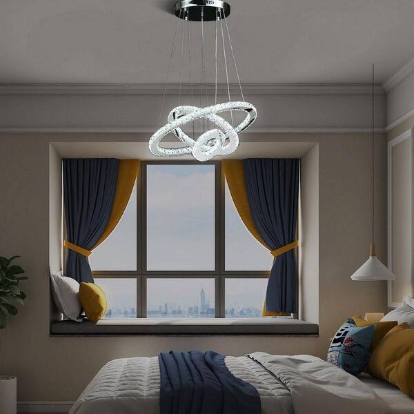 Triple Hoop LED Chandelier Polished Chrome Faceted Crystal Modern