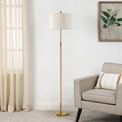 Triple Light Floor Lamp: Brushed Gold with Woven Rattan Shades