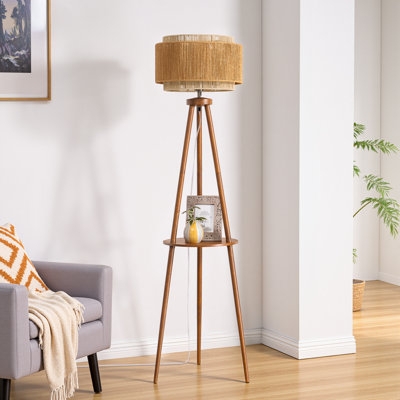Tripod Floor Lamp Black Metal Frame Dual Rattan Shades Bohemian Style