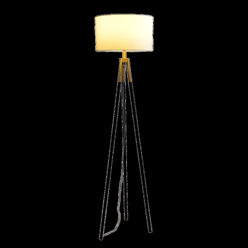 Tripod Floor Lamp: Brassed Gold Finish with White Fabric Drum Shade