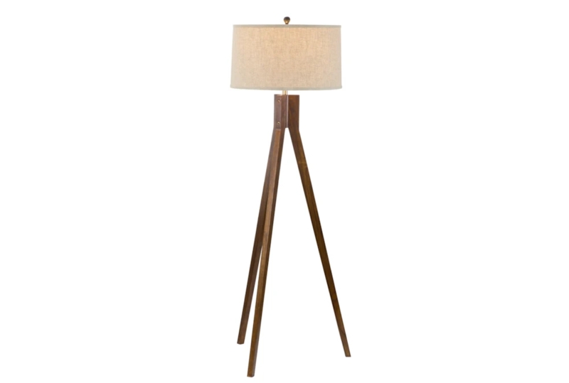 Tripod Floor Lamp Brown Wood Toned Drum Shade Exposed Cord