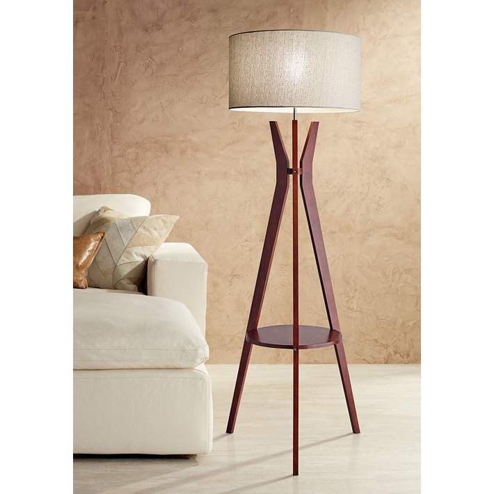 Tripod Floor Lamp Dark Brown Wood Off White Shade Built In Shelf