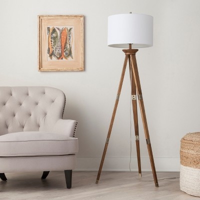 Tripod Floor Lamp Dark Wood Finish Drum Shade Mid-Century Modern