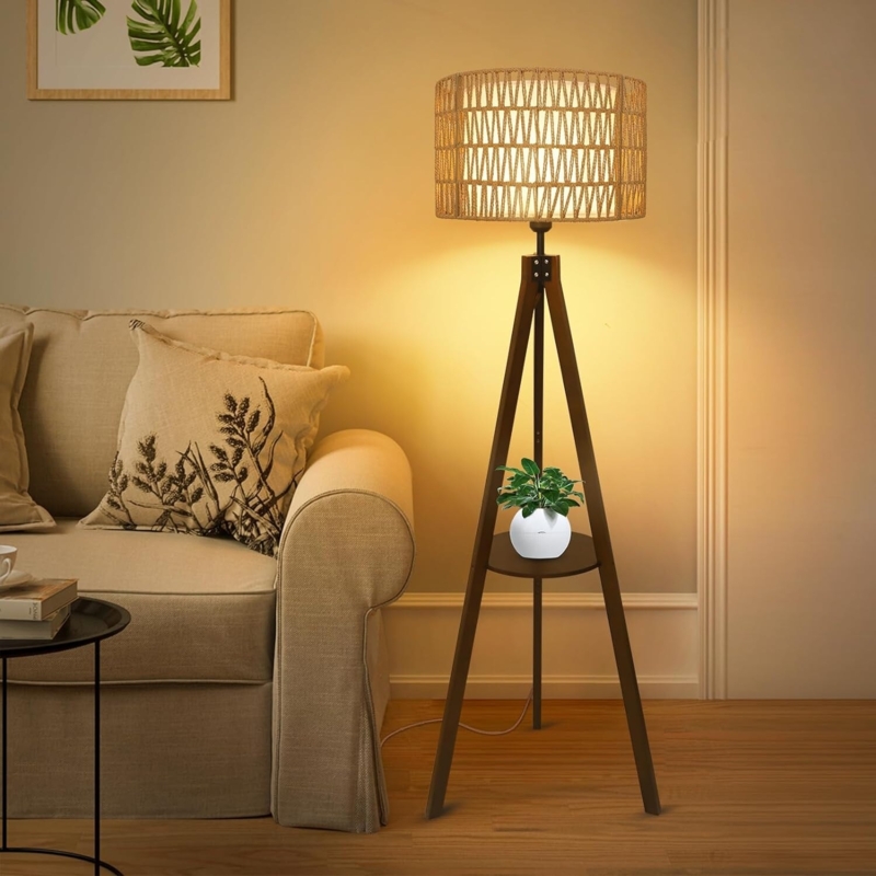 Tripod Floor Lamp Light-Toned Wood Integrated Shelves Scandi