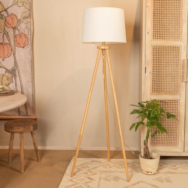 Tripod Floor Lamp Light Wood Tone Cream Linen Like Shade Matte Finish
