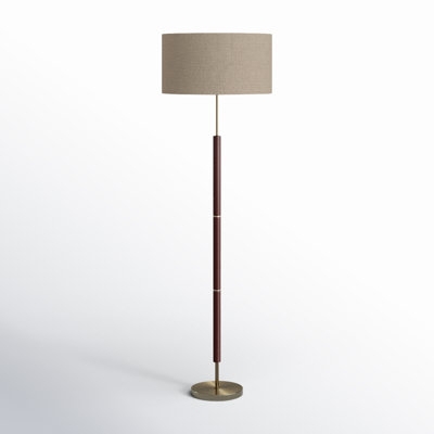 Tripod Floor Lamp: Metal Base, White Drum Shade. Minimalist styling.