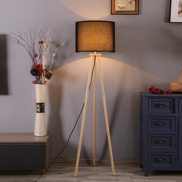 Tripod Floor Lamp Natural Finish Black Linen Drum Shade Traditional