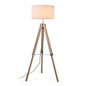 Tripod Floor Lamp Natural Wood Adjustable Height White Drum Shade