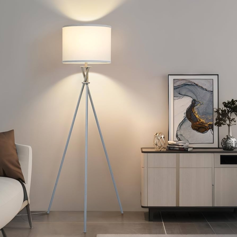 Tripod Floor Lamp Silver Metal White Drum Shade Minimalist