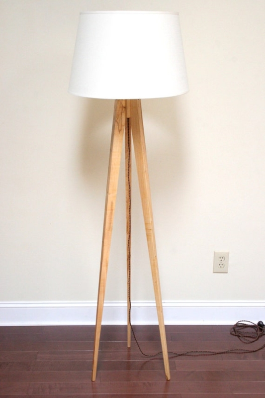Tripod Floor Lamp Slim Profile Natural Wood Grain White Drum Shade
