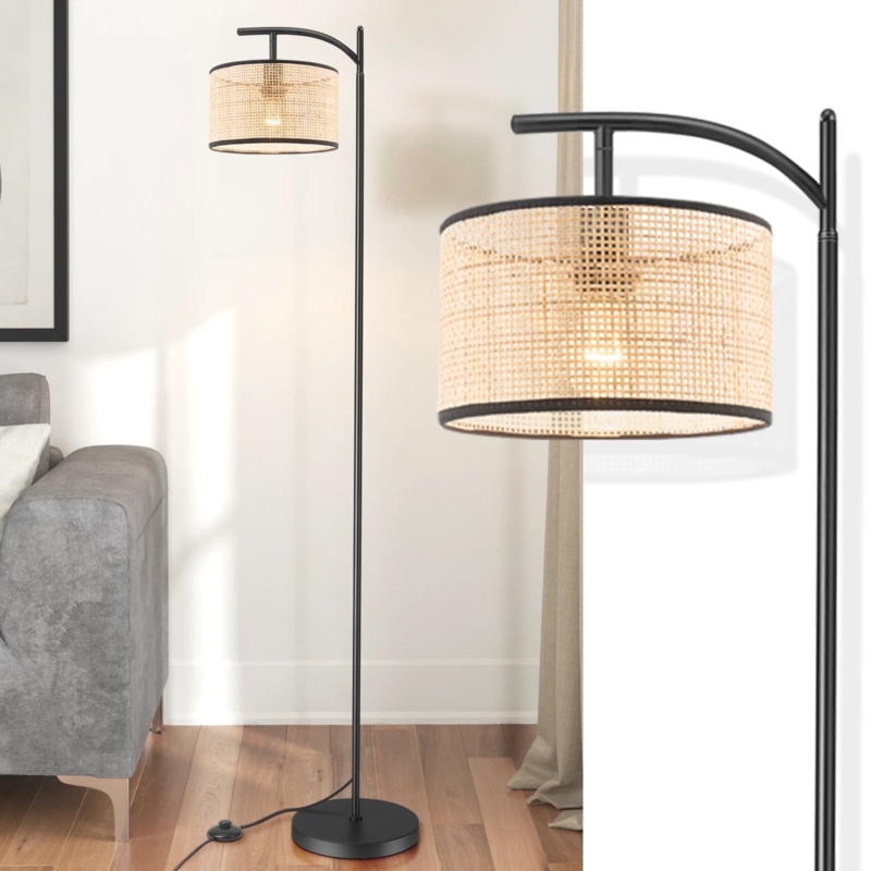 Tripod Floor Lamp: Tiered Woven Rattan Shades with Black Metal Base