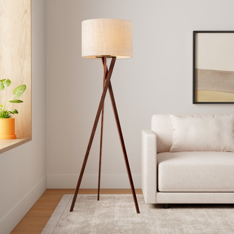 Tripod Floor Lamp Walnut Brown Cream Fabric Shade Mid Century Modern