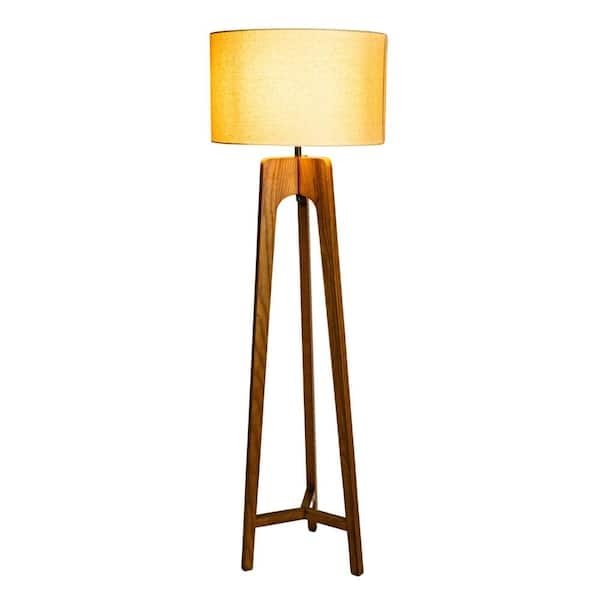 Tripod Floor Lamp Walnut Finish Off White Linen Shade Mid Century
