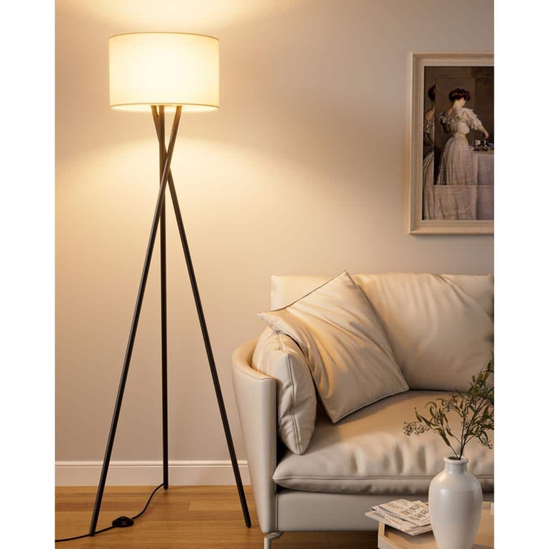 Tripod Floor Lamp with Cream Drum Shade for Reading Nook