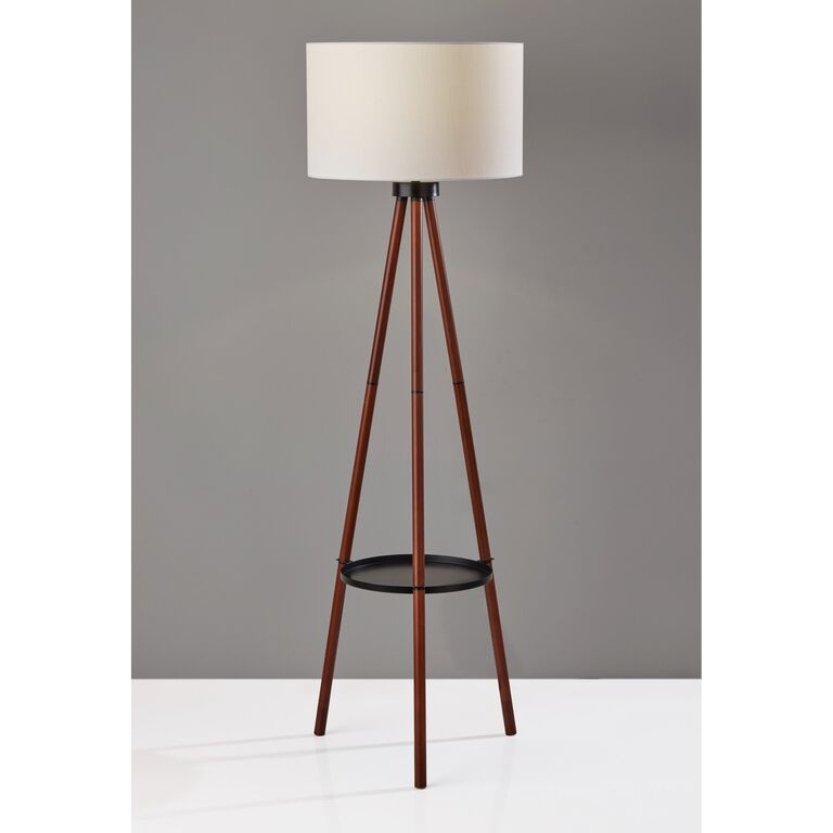 Tripod Floor Lamp with Integrated Shelf and White Drum Shade