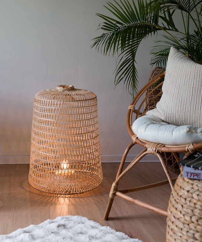 Tripod Floor Lamp with Large Bamboo Basket Shade for Decor