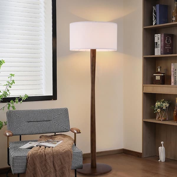 Tripod Floor Lamp with Walnut Finish Legs and White Linen Drum Shade