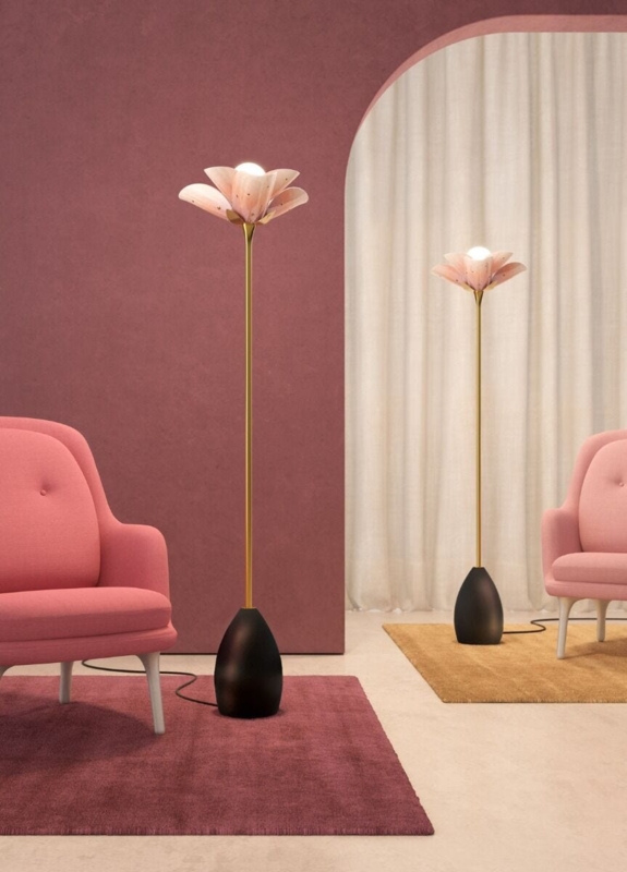 Tripod Floor Lamp Wood and Rose Gold Stem Blossom Accents
