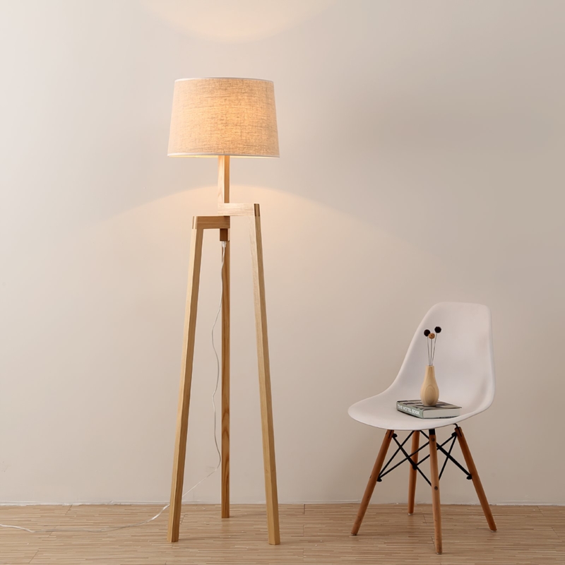 Tripod Floor Lamp Wood Legs White Fabric Drum Shade Minimalist