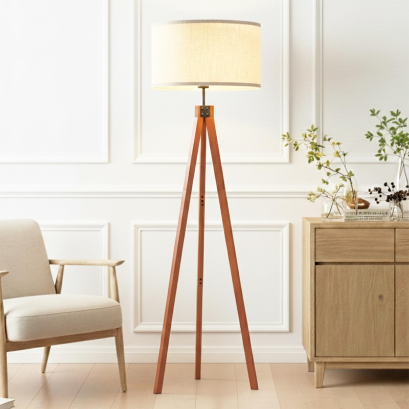 Tripod Floor Lamp Wood Toned Linen Texture White Shade Bedroom