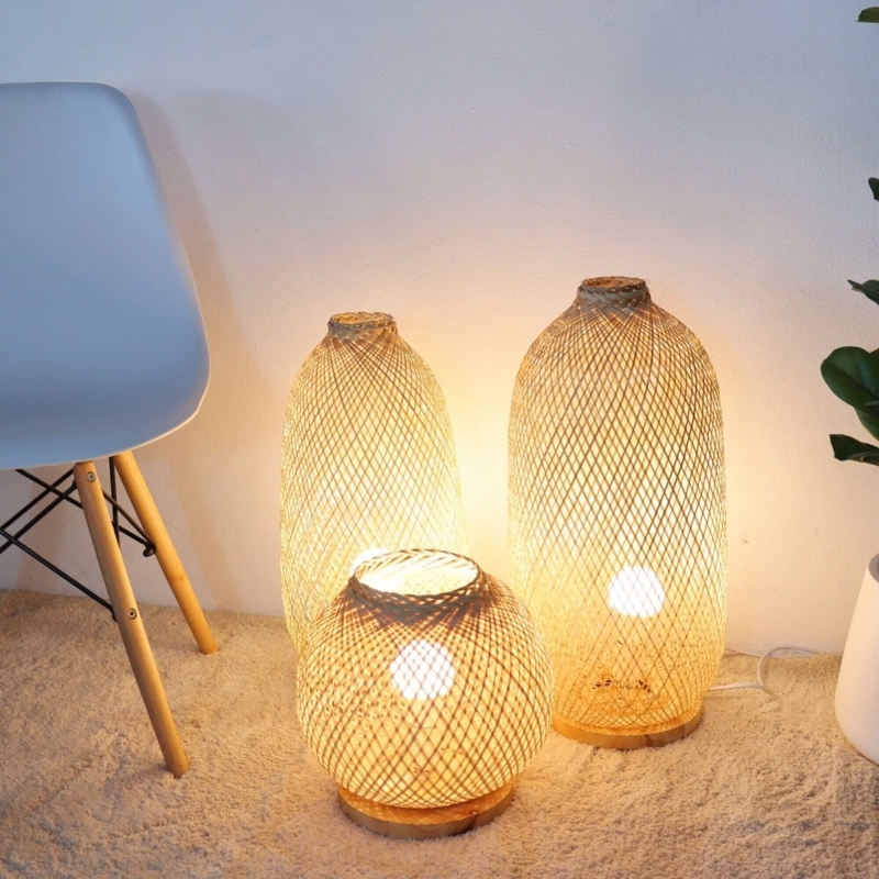 Tripod Floor Lamps with Varied Organic Woven Natural Fiber Shades