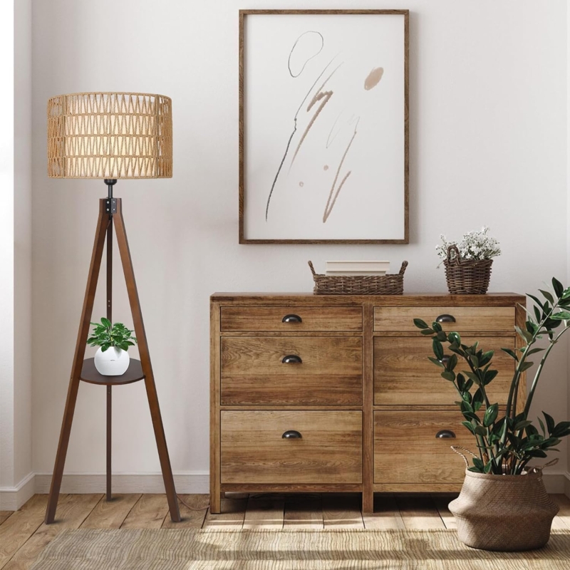 Tripod Shelf Floor Lamp with Integrated Wood Shelves and Fabric Shade