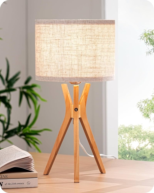 Tripod Table Lamp Boho Chic Nightstand Lamp Natural Wood Base