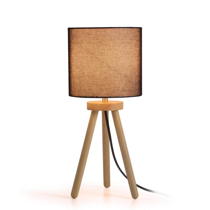 Tripod Table Lamp Minimalist Black and Wood Lamp Linen Like Shade