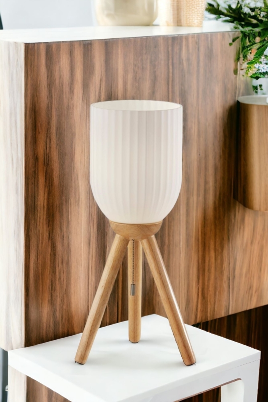 Tripod Table Lamp Ribbed Glass Dome Table Lamp Natural Wood Base