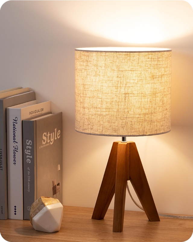 Tripod Table Lamp Small Wooden Bedside Lamp Beige Linen Shade