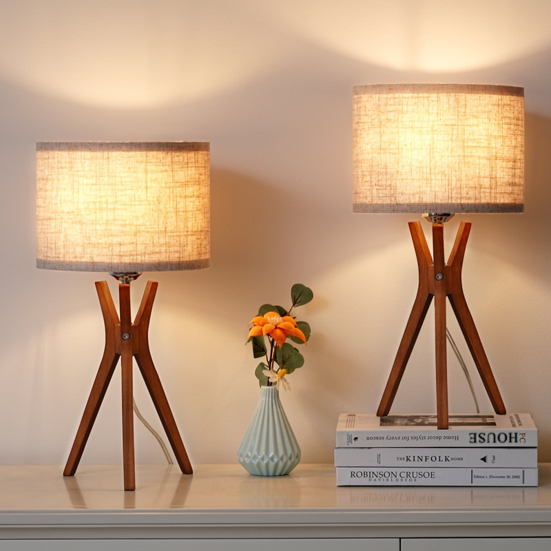 Tripod Table Lamp Wood Toned Beige Fabric Drum Shade Mid Century